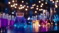 Glowing laboratory beaker with purple liquid against blurred bokeh lights background creates magical atmosphere in scientific research environment.