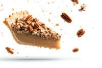 Floating slice of pecan pie with caramel filling and scattered nuts on white background, dynamic food composition for restaurant menu and advertising.
