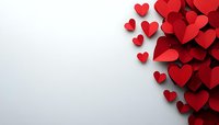 Red paper hearts scattered on white background with copy space for romantic Valentine's Day greeting cards and love messages.