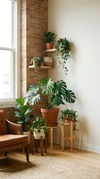 Cozy corner with lush green houseplants on wooden stands near brick wall and window. Indoor garden setup for modern home decor and biophilic living spaces.