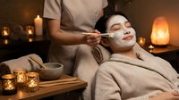 Young Asian woman receiving relaxing facial treatment at luxury spa with therapist applying mask in candlelit wellness center for skincare and beauty.