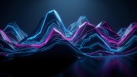 Glowing neon waves with cyan and magenta light trails flowing across dark background, suitable for tech, music, and digital design projects.