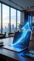 Modern laptop displaying glowing blue upward arrow hologram in luxury office with city skyline view representing business growth and digital success.