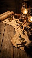 Vintage treasure map with antique compass, old keys and lantern light on wooden table creating atmospheric adventure scene for pirate themed projects.