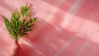 Green plant branches with pink flowers in pink ceramic vase against soft pink wall with diagonal shadow pattern creating minimalist composition.