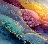 Abstract fluid art with golden veins and bubbles in rainbow gradient colors for luxury design backgrounds and modern decor projects.