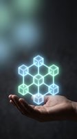 Hand holding glowing neon hexagonal cube structure against dark blurred background, representing blockchain technology, data network, and digital innovation for tech concepts.