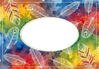 Colorful watercolor background with hand-drawn feathers and blank oval frame, isolated on white. Perfect for greeting cards, invitations, posters, and design projects.