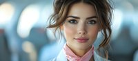 Young woman with natural makeup and messy updo hairstyle wearing pink scarf and white top smiling at camera against blurred background with soft bokeh effect.