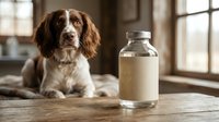 Brown and white spaniel dog sitting beside glass bottle of fresh milk on wooden table in cozy rustic kitchen interior with natural window lighting.