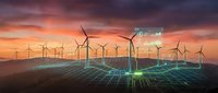 Wind turbines generating renewable energy with digital grid overlay at sunset showcasing sustainable power technology and smart grid infrastructure.
