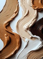 Creamy foundation makeup smears in various skin tone shades creating artistic swirls and textures on white background for cosmetic design projects.