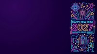 Neon glowing Happy New Year 2027 celebration design with fireworks, stars, and festive elements on dark purple background for holiday greetings.