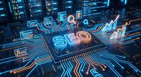 Digital SEO concept with glowing neon circuits, search optimization icons and data analytics elements on futuristic technology background for marketing campaigns.