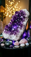Glowing amethyst crystal cluster surrounded by healing gemstones on dark surface with bokeh fairy lights, spiritual wellness and meditation concept.
