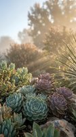 Colorful succulent garden with purple and green rosette plants in golden sunlight creating warm bokeh effect in desert landscape setting.