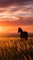 Horse silhouette standing in golden wheat field during dramatic sunset with orange and purple sky clouds creating peaceful countryside atmosphere.