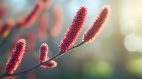 Delicate pink pussy willow catkins on branch against soft blurred natural background with morning sunlight and bokeh effect, macro nature photography.