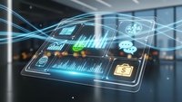 Digital tablet displaying holographic financial data analytics with glowing charts, graphs and currency symbols floating above screen in modern office environment.