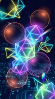 Futuristic neon geometric shapes with glowing spheres and polygonal wireframes on dark digital background for technology and science fiction designs.