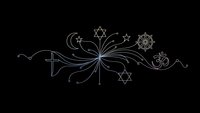 Interfaith unity concept with religious symbols flowing in elegant swirls on black background for spiritual diversity and harmony designs.