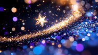 Magical glowing star trail with sparkling golden dust and blue bokeh lights on dark background, festive Christmas and New Year celebration atmosphere.