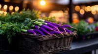 Fresh purple eggplants in wicker basket at farmers market with bokeh lights and green herbs, organic produce display in evening atmosphere.