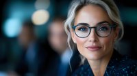 Confident professional woman with blonde hair and stylish glasses smiling warmly against blurred office background, portraying success and leadership.