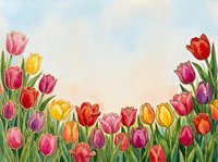 Watercolor tulip field with colorful blooming flowers in pink, red, yellow and purple on a soft sky background, spring nature art.