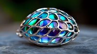 Artistic silver filigree pendant with iridescent blue and purple glass elements creates ethereal glow against dark background, showcasing intricate metalwork design.