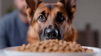 German Shepherd dog with expressive blue eyes looking longingly at bowl of dry kibble food, close-up portrait showing emotional connection to mealtime.