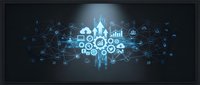 Digital business infrastructure with interconnected gears, charts, and network nodes representing data flow, analytics, and corporate technology systems for enterprise solutions.