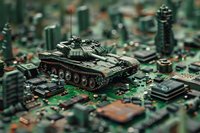 Military tank on computer circuit board, creative miniature composition with selective focus and tilt-shift effect creating surreal technological landscape.