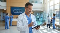 Smiling male doctor in white coat using tablet in modern hospital lobby with medical staff and digital health innovation signage in background.