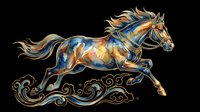 Majestic horse with flowing mane and tail in gold and blue tones, leaping over decorative swirls. Isolated on transparent background, ready for t-shirts, stickers, clipart, and print-on-demand designs.