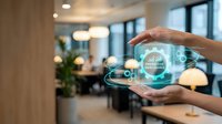 Professional businesswoman hands holding holographic digital interface with data analytics charts and graphs in modern office environment for technology presentations.