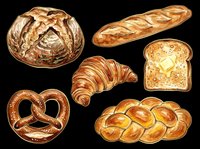 Assorted fresh baked bread and pastries isolated on transparent background. Includes croissant, pretzel, baguette, sourdough, toast and braided loaf. Ready for bakery designs, menus, t-shirts and print-on-demand products.