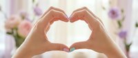 Female hands forming heart shape with soft floral background. Romantic gesture expressing love and affection with delicate pink and white flowers creating dreamy atmosphere.