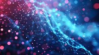 Glowing network connections with blue and pink bokeh lights on dark background create futuristic technological atmosphere for business concepts.