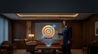 Professional businessman in suit standing in luxury office with holographic target display showing business goals and success metrics for corporate presentations.