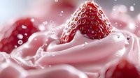 Fresh strawberry emerging from swirled pink cream with water droplets and soft bokeh background, creating luxurious dessert atmosphere for food photography and menu design.