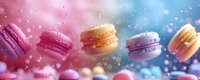 Colorful macarons floating in dreamy pastel clouds with sparkling bokeh lights creating magical confectionery scene for bakery and dessert designs.