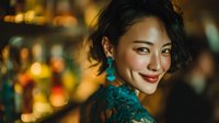 Young Asian woman with elegant turquoise earrings smiling warmly in upscale bar or restaurant setting with golden bokeh lights creating luxurious ambiance for lifestyle content.