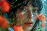 Young Asian woman with natural makeup gazing through red flowers and green foliage, captured in dreamy atmospheric lighting with soft bokeh effect and ethereal blue tones.