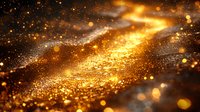 Magical golden glitter particles floating in dark space with bokeh effect and shimmering light trails creating abstract luxury background.