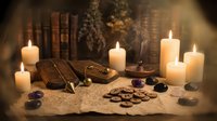 Mystical fortune telling setup with tarot cards, runes, crystals and candles creating atmospheric divination scene for spiritual guidance and esoteric practices.