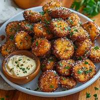 Crispy breaded mushrooms garnished with fresh herbs and parmesan, served on gray plate with creamy dipping sauce. Golden brown appetizer for restaurant menu.