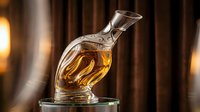Elegant crystal decanter filled with golden whiskey or cognac on glass table with warm ambient lighting creating luxury bar atmosphere for premium spirits.