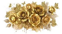 Luxurious golden roses bouquet with metallic leaves and decorative elements on transparent background, elegant floral arrangement for premium design projects.