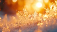 Delicate frost crystals and snowflakes glowing in warm golden sunlight with bokeh effect background create magical winter morning atmosphere.